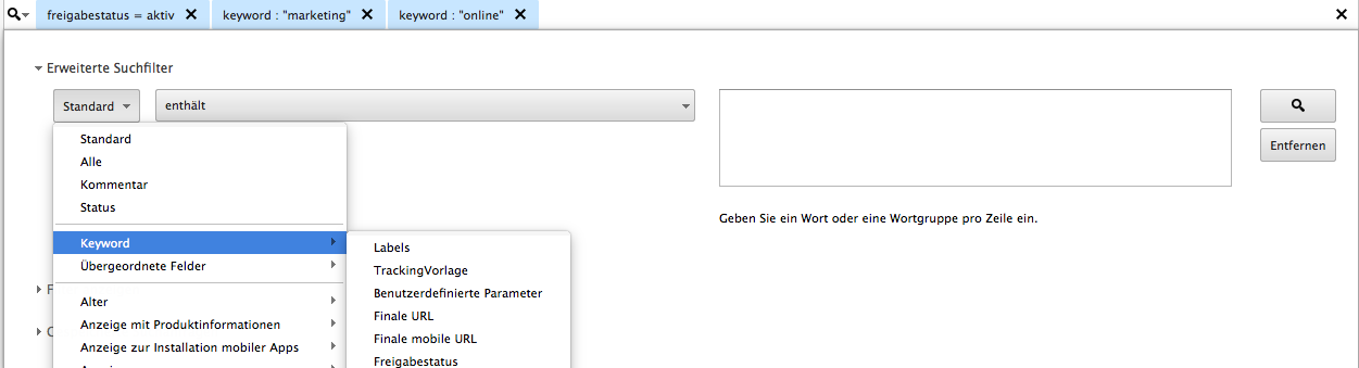 Screenshot "Mehrere Kriterien" Ad Words Editor